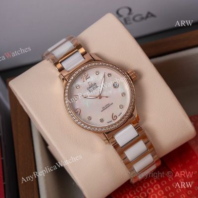 High Quality Replica Omega 2-Tone 316 stainless steel strap White Face Dial White Diamonds Ceramic Bezel Lady Watch 32mm